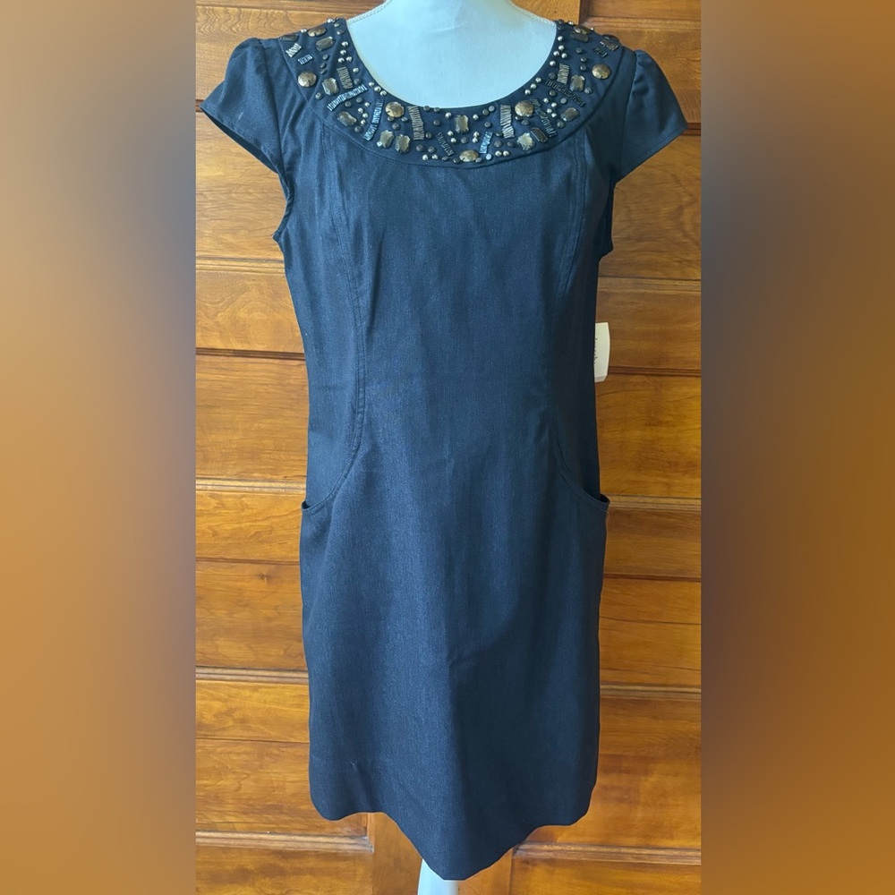 Dressbarn cap sleeve denim sheath dress with embellished neckline